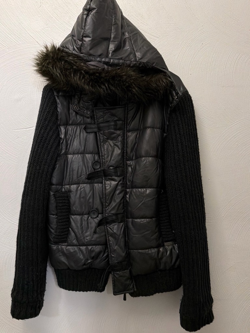 Black Quilted Hooded Puffer Jacket with Knit Sleeves